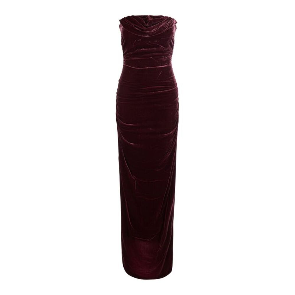 Rotate Women Silk Velvet Ruched Dress In Bordeaux Color For Women